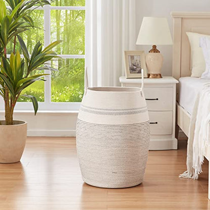 OIAHOMY Laundry Hamper Woven Cotton Rope Large Clothes Hamper 25.6" Height Tall Laundry Basket with Extended Cotton Handles for Storage Clothes Toys in Bedroom, Bathroom, Foldable (Light Grey) - color: White black