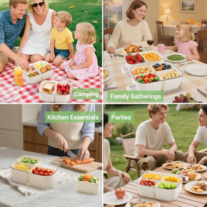 LUXEAR Small Snack Box Container 2 Pack, Dishwasher Safe&Freezer Safe Leak-Proof 4 Compartment Serving Tray with Lid, BPA-Free Divided Lunch Tray for Fruits, Candy, Charcuterie, Travel & Meal Prep | Portable Mini Snack Container with Lid, Clear Divided Tr