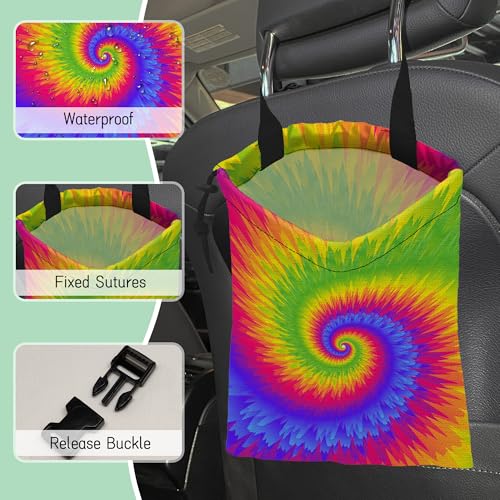 Rainbow Tie Dye Car Garbage Bag,Waterproof Small Car Trash Bag Hanging Back of Seat,Drawstring Hanging Car Trash Bag with Adjustable Buckle for Car Accessories - color: Rainbow Tie Dye