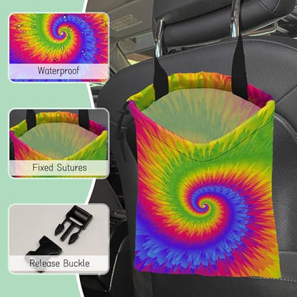 Rainbow Tie Dye Car Garbage Bag,Waterproof Small Car Trash Bag Hanging Back of Seat,Drawstring Hanging Car Trash Bag with Adjustable Buckle for Car Accessories - color: Rainbow Tie Dye
