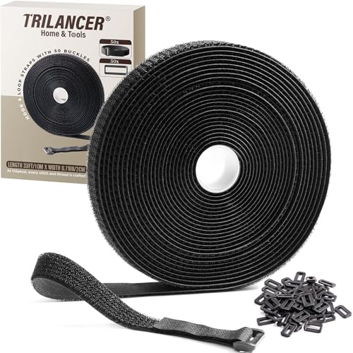 Trilancer 0.8''x 32Ft Reusable Cable Ties, Adjustable Hook and Loop Straps with 50 Buckles, Cut to Length, Ideal for Wire Management, Cord Organizer, and Cable Straps, Black - size: 0.8'' x 32Ft