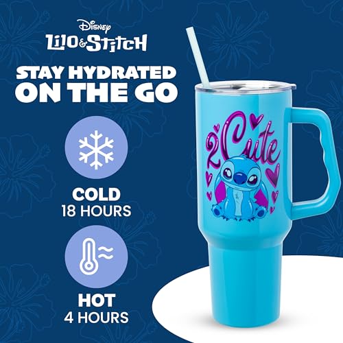 Silver Buffalo Disney Lilo and Stitch “2 Cute” Double Walled Stainless Steel Tumbler with Handle, Fits in Standard Cup Holder, 40 Ounces - color: Kawaii Stitch Sitting