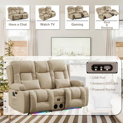 TUNYI Power Loveseat Recliner Sofa with Massage & Heat Home Theater Seating with Console RV Recliner Loveseat Sofa with USB/Storage/Side Pocket/LED Light/Speaker (Beige, Loveseat) - color: Beige, size: 2 Seat