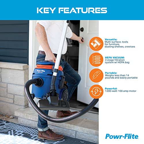 Powr-Flite Newton Compact Vacuum Cleaner Canister with HEPA Filtration, Portable Vacuum for Hardwood Floors and Rugs, PV610-Q10-U