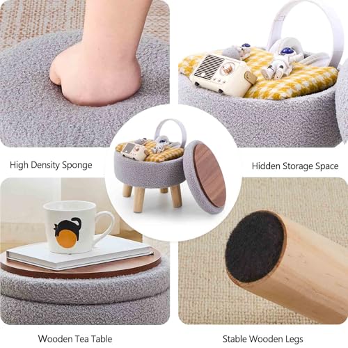 Wimarsbon Storage Ottoman, Modern Round Footrest with Soft Padded Seat, Teddy Velvet Footstool with Wood Legs, Accent Small Table or Plant Stand for Hallway, Living Room (Grey) - color: Grey