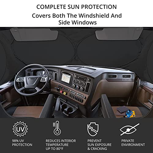 Semi-Truck Sun Shade for Windshield and Side Windows | 300T Sunshade Maximum Coverage | Block Sun Heat Rays |Fits for Semi, Commercial & Big Rig Truck, RV (Side Velcro)…