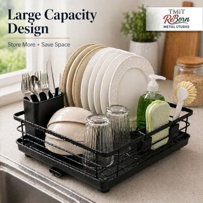 Metal Dish Drying Rack for Kitchen Counter, Black, Sink Organizer with Cutlery Holder, Kitchen Storage and Organization Essentials, for Small Kitchen,11.8 x 15.7 Inch