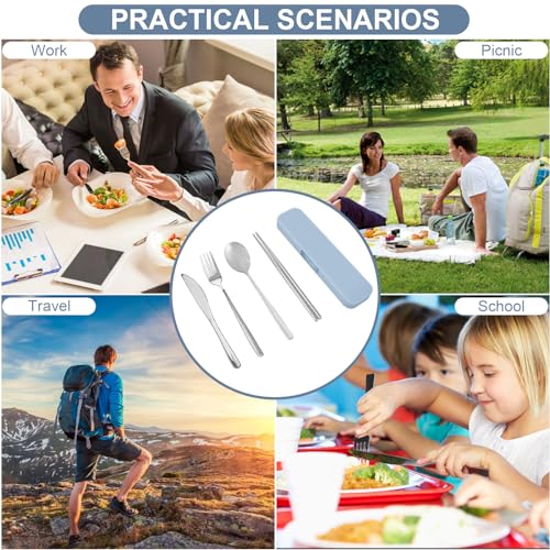 5 Piece Rsiynax Portable Travel Utensils Set with Case, Premium 304 Stainless Steel Camping Utensils Set, Reusable Silverware for Camping, Lunch, Work, School, etc, Easy to Clean (Silver)
