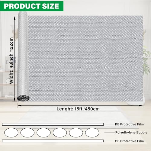 winemana Window Insulation Roll, 48IN x 15FT Reflective Heat Shield Bubble Film, Double-Sided Aluminum Foil Insulation, Weatherproof Garage Door Cover for Windows, RV, Basement, Winter & Summer - size: 48 in x 15 ft