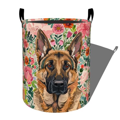 Noble German Shepherd with Floral Laundry Basket with Handles, 19.7"x15.7" Clothes Foldable Laundry Hamper Organizer for Dorm Nursery Bedroom Bathroom Decor, Toy Storage Bin for Kids - style: German Shepherd65