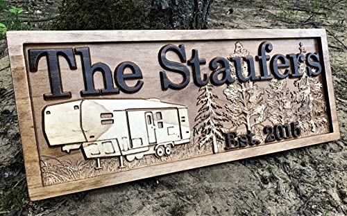 Personalized Camping Sign | Fifth Wheel Decor | Custom Camper Carved Wood Campsite Sign | Wooden RV Decor |Last Name 5th Wheel Trailer | Camping Gift