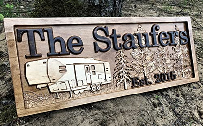 Personalized Camping Sign | Fifth Wheel Decor | Custom Camper Carved Wood Campsite Sign | Wooden RV Decor |Last Name 5th Wheel Trailer | Camping Gift