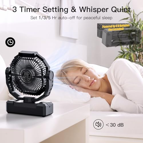 Battery Operated Fan [200H Max], 2 IN 1 D-Cell Battery & USB Powered Fans, Portable Camping Fan with 4 Speeds, Light, Timer, Remote for Outdoor Tent, Travel, Picnic, Office, Bedroom - Black