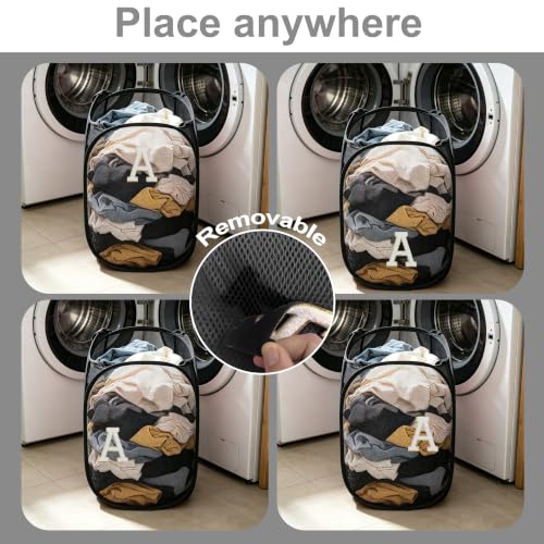 Collapsible Pop Up Laundry Hamper, Extra Large with Removable Initial Letter A, Mesh Foldable Laundry Basket, 28" x 16" x 16" (Black) - color: 1P BlackA