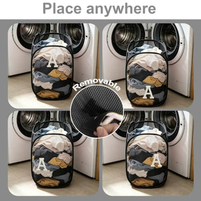 Collapsible Pop Up Laundry Hamper, Extra Large with Removable Initial Letter A, Mesh Foldable Laundry Basket, 28" x 16" x 16" (Black) - color: 1P BlackA