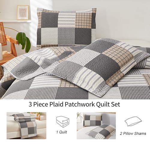 Plaid Quilt Set - Queen Size Bedspread & Coverlet - Brown White Plaid - Lightweight & Reversible - Soft Microfibers - All Season - color: Brown Plaid Patchwork, size: Full/Queen