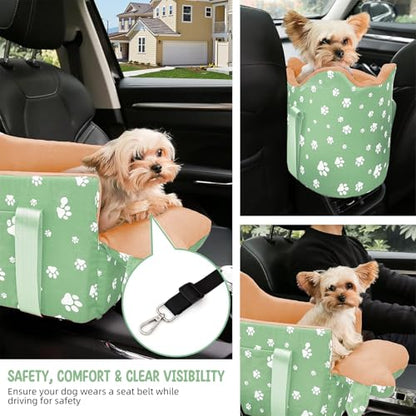 Dog Center Console Car Seat for Small Dogs Under 15lbs,Detachable Washable Booster Pet Car Seat Travel Bed with Storage Pockets and Seat Belt(Green) - color: Green