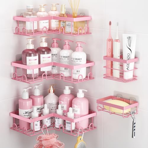 Liuoud Corner Shower Caddy 5 Pack, Rustproof Stainless Steel Shower Organizer with Soap Rack Toothbrush Holder, Large Capacity Adhesive No Drilling Bathroom Kitchen&Home Decor Set, Pink - color: Pink