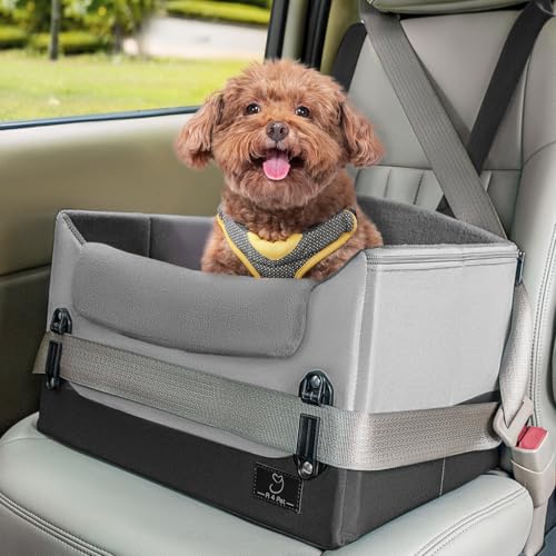 A 4 Pet Dog Car Seats for Small Dogs Under 25lbs – Safety Travel Booster Seat with Patent Buckles, Adjustable Leash – Reduces Anxiety & Road Trips – Frame Support for Cars, SUV, Pickup - color: Grey, size: Small