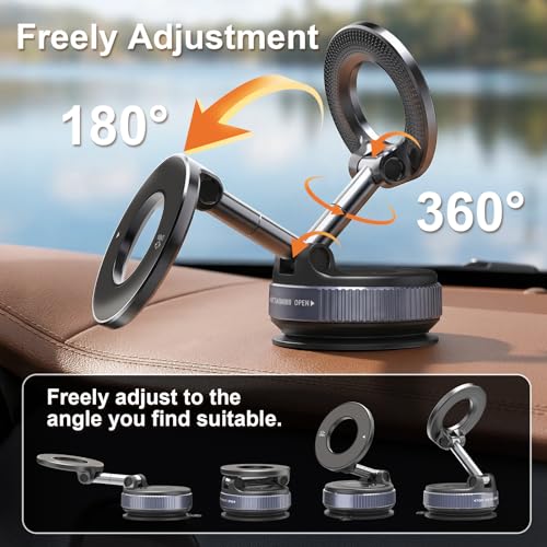 Magnetic Suction Cup Phone Mount for Magsafe | 360° Adjustable, Pocket Size Foldable, Car Mount, iPhone 17 16 15 14 13 12 Series