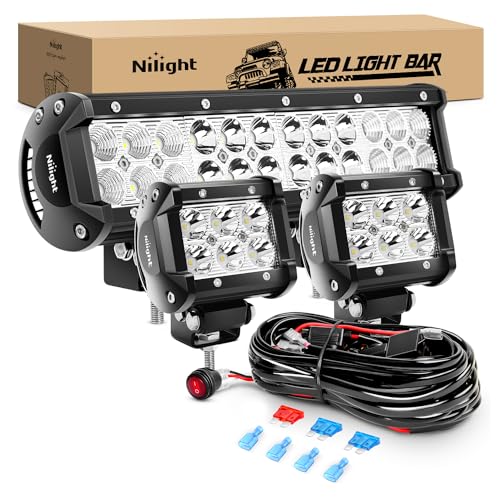 Nilight 12 Inch 72W Spot Flood Combo Led Light Bar 2Pcs 4Inch 18W Flood LED Pods Fog Lights Off Road with Wiring Harness Kit-3 Leads for Van Camper Car Pickup Golf Cart ATV UTV SUV Truck Boat 4x4 - color: 12 Inch 72W Light + 2 Pods + Wiring Harness, size: