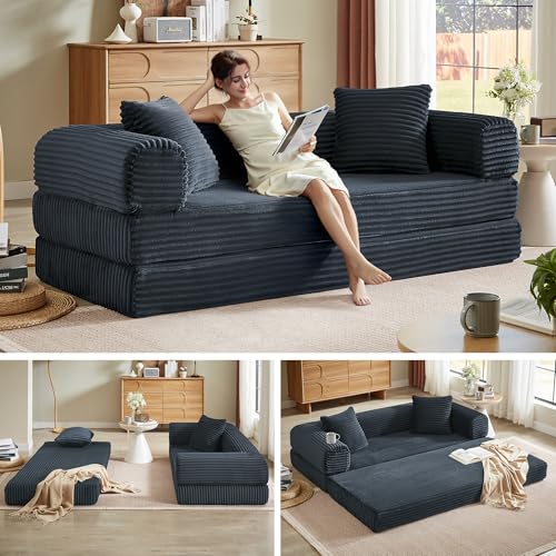 Boneless Couch Futon Sofa Bed Sectional Couches for Living Room,Cloud Couch with Sleeper Sofa,Sofas for Living Room Oversized Corduroy Upholstered (Gray, 76 Inches (No Iron Frame)) - color: Grey, size: 76 Inches