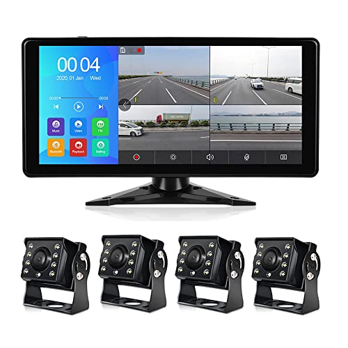 EVERSECU Car Backup Cameras System with 4K 10.36" Touch Screen Quad Display Monitor & 4pcs 1080P Backup AHD Cameras, MP5 Player, Vehicle DVR Recorder for RV/Truck/Bus/Trailer/Camper/Van - color: Grey