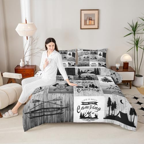 Happy Camping Bedding Set Full Size,Lake House Comforter Set for Kids Boys Girls Adult Room Decor,Bear Pine Mountain Print Plaid Quilt Set Rustic Cabin Old Wood Duvet Insert,Grey Black 3Pcs - color: Camp 03, size: Full