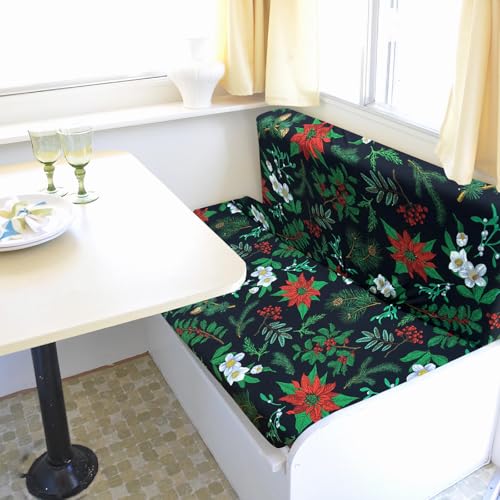 RV Dinette Cushion Covers, Printed Camper Cushion Slipcovers, Washable Anti Slip Stretch Fabric, Christmas Flower - color: Black Green, size: 1 Bench Cover & 1 Backrest Cover