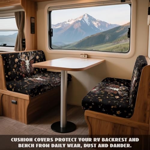 Deer Skull Maple Leaf Print 2 Pcs RV Dinette Cushion Covers Thickened Camper Seat Covers Dinette Booth Stretch Loveseat Sofa Chair Cover Furniture Protector for RV Camper Car Bench - color: Deer Skull Maple Leaf