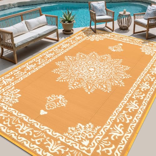 Yamaziot Outdoor Rug 8x10 Ft, Waterproof Reversible Plastic Straw Patio Rug, UV Resistant Portable RV Mat, Large Indoor Outdoor Rug for Patio, Porch, Deck, Balcony, Orange Yellow - color: Orange Yellow, size: 8' x 10'