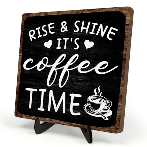 Farmhouse Coffee Wooden Plaque Sign, Vintage Desk Decor for Home or Office Coffee Station,Cafe Bar Sign - Rise & Shine It's Kitchen Wooden Sign 5.9x5.9In (Black2) - color: Black2