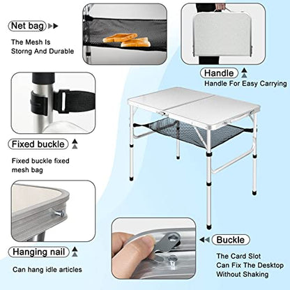 Medium Folding Table, 35" x 24" Portable Camping Table with 2 Adjustable Height Max 28", 3FT Foldable Table with Storage Net, White Metal Table for Patio, BBQ, Camping and Backpacking - size: M[35"*24"*28"]