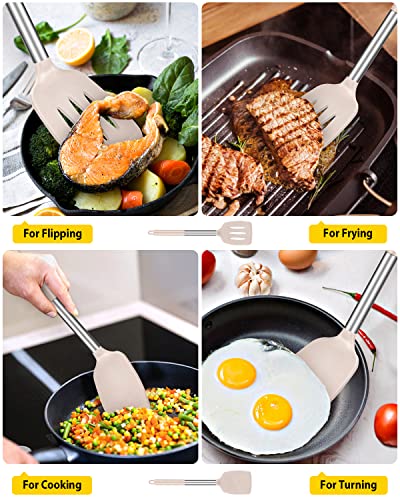Pack of 2 Silicone Solid Turner, Non Stick Slotted Kitchen Spatulas, High Heat Resistant BPA Free Cooking Utensils, Ideal Cookware for Fish, Eggs, Pancakes(Stainless Steel Khaki) - color: Stainless Steel Khaki