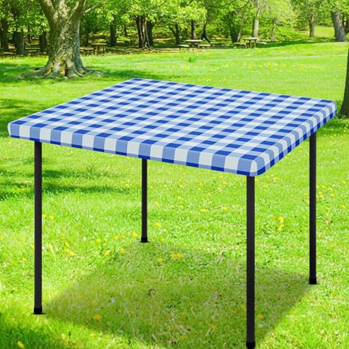 Smiry Square Picnic Table Cloth, Elastic Waterproof Fitted Vinyl Tablecloths, Flannel Backed Buffalo Plaid Table Covers for Dining, Camping, Outdoor (White and Blue, 42" x 42") - color: Blue and White, size: 42" x 42" (Square)