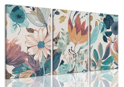 TUEASKY 3 Piece Canvas Wall Art Flower Wall Decor Botanical Pictures Floral Paintings Watercolor Prints Boho Artwork for Bedroom Bathroom Living Room - color: Boho flower, size: 12x16in
