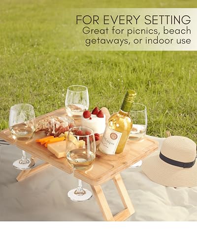 Portable Wine Picnic Table - Foldable Bamboo Snack Tray with Glass & Bottle Holders - Picnic Wine Set for Beach, Camping, Park - Gift for Wine Lovers