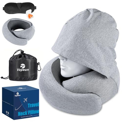Travel Pillow - Hooded Neck Pillow Airplane Memory Foam Filling for Plane, Cars Sleeping, Road Trip, Long Flights, Airplane Travel Essentials, Includes Eye Mask & Earplugs (Light Gray) - color: Light Gray