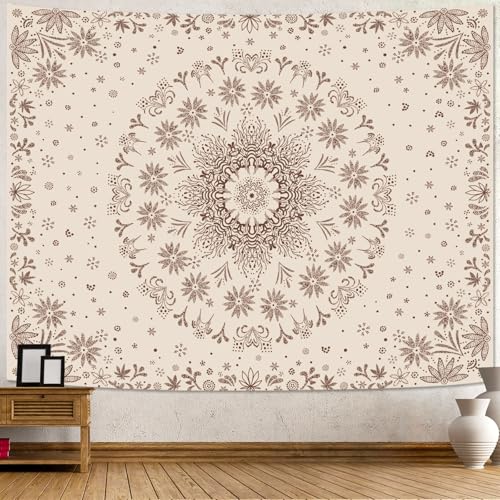 Fowocu Boho Floral Mandala Tapestry Wall Hanging Bohemian Flower Medallion Tapestry Aesthetic Beige Brown Hippie Indian Small Tapestries for Bedroom Living Room Dorm Decor 80 x 60 Inch - color: Brown, size: 80"L x 60"W