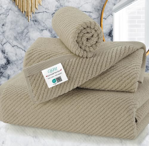 VOOVA & MOVAS Dark Beige Towels for Bathroom - 100% Cotton | Quick Dry | Soft | Thick, 3 Piece Towel Set, 1 Large Bath 30" x 56", 1 Hand 18" x 28",1 Wash Cloth 13" x 13", Bathroom Essentials,Dark Tan - color: Cape May Cobblestone - Dark Tan, size: 3 PC Ba