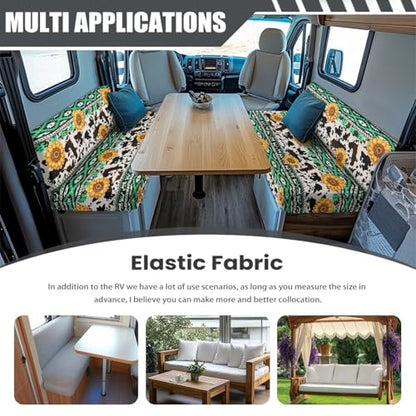 RV Dinette Cushion Covers - Aztec Cow Sunflower Dustproof Camper Sofa Replacement Couch Cushion Slipcovers Washable Camper Seat Bench Protector for Travel Trailer Couch - color: Aztec Cow Sunflower