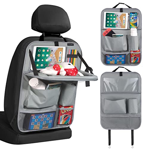 LUCMO Car Backseat Organizer with Foldable Tablet Holder, Grey | 6 Storage Pockets,Foldable Food Tray,Protectors Kick Mats,Travel Accessories,Seat Cover,Road Trip Essentials - color: Grey-2, size: 1 Pack with Food Tray
