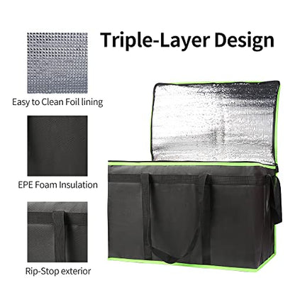 Bodaon 4-Pack Cooler Insulated Food Delivery Bag, Rideshare Delivery Bag, XXX-Large Thermal Bags for Catering/Hot Pizza, Travel/Camping/Picnic/Grocery Reusable Warmer Frozen, Black-Green Edge - color: Black-green Edge, size: XXX-Large