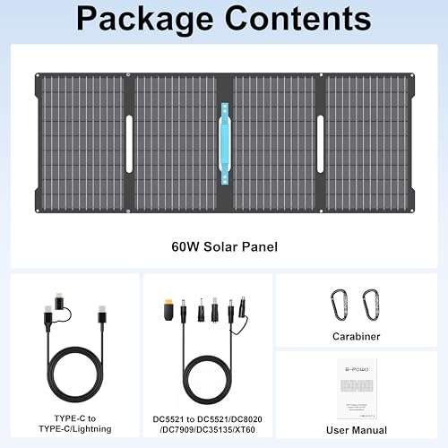 60W Portable Solar Panels Chargers with USB-C, USB-A and DC Outputs Foldable IP67 Waterproof Solar Panel for Camping,Power Emergency for Small Power Station,Phones, Power Banks - style: EP-60W