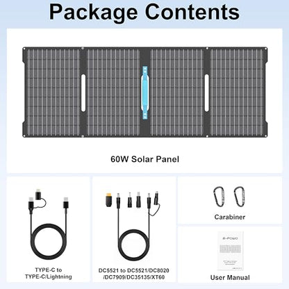 60W Portable Solar Panels Chargers with USB-C, USB-A and DC Outputs Foldable IP67 Waterproof Solar Panel for Camping,Power Emergency for Small Power Station,Phones, Power Banks - style: EP-60W