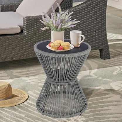 SUNNYPARK Outdoor Side Table 20'' H Small End Tables Woven Rope Weather Resistant with Glass Top Round Coffee Table for Indoor Balcony Patio Poolside (Gray) - color: Grey