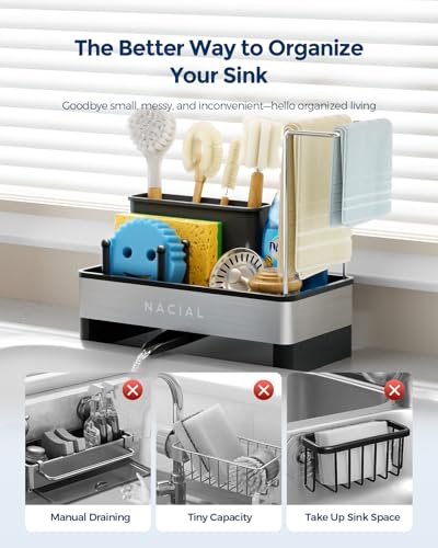 Nacial Kitchen Sink Caddy Organzier with High Brush Holder, Sponge Holder for Kitchen Sink with Two Towel Racks - Rustproof 304 Stainless Steel Kitchen Countertop Storage Essentials - color: Black
