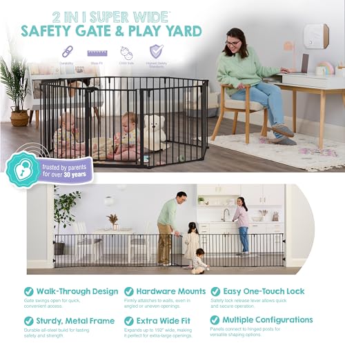 Regalo Safety 192" Super Wide Baby Gate & Play Yard, 2-in-1 Convertible Extra Wide Safety Barrier, Hardware Mounted for Toddlers & Pets, Tested & Safe for 30 Years, American Designed & Owned, Black - color: Black, style: 50.5-192"W x 28"H