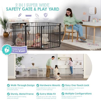 Regalo Safety 192" Super Wide Baby Gate & Play Yard, 2-in-1 Convertible Extra Wide Safety Barrier, Hardware Mounted for Toddlers & Pets, Tested & Safe for 30 Years, American Designed & Owned, Black - color: Black, style: 50.5-192"W x 28"H