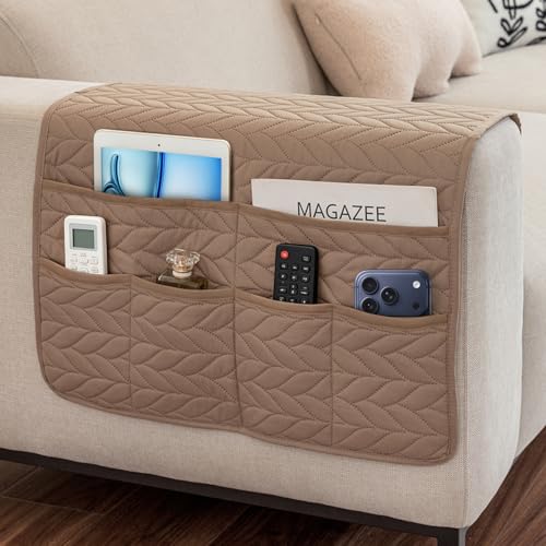 Remote Control Holder for Armchair, Couch Caddy Organizer TV Remote Holder for Recliner Couch With 6 Pockets, Non-Slip Arm Chair Caddy Bedside Table Organizer for Magazine, Tablet, Phone (Beige) - color: Beige